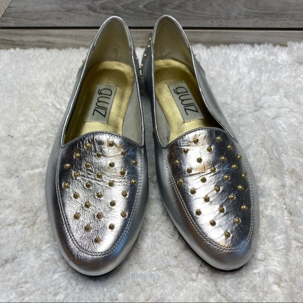 Vtg 80s 90s G-Wiz EMMY LEATHER Silver Metallic Gold Studded Driving Moccasin 7